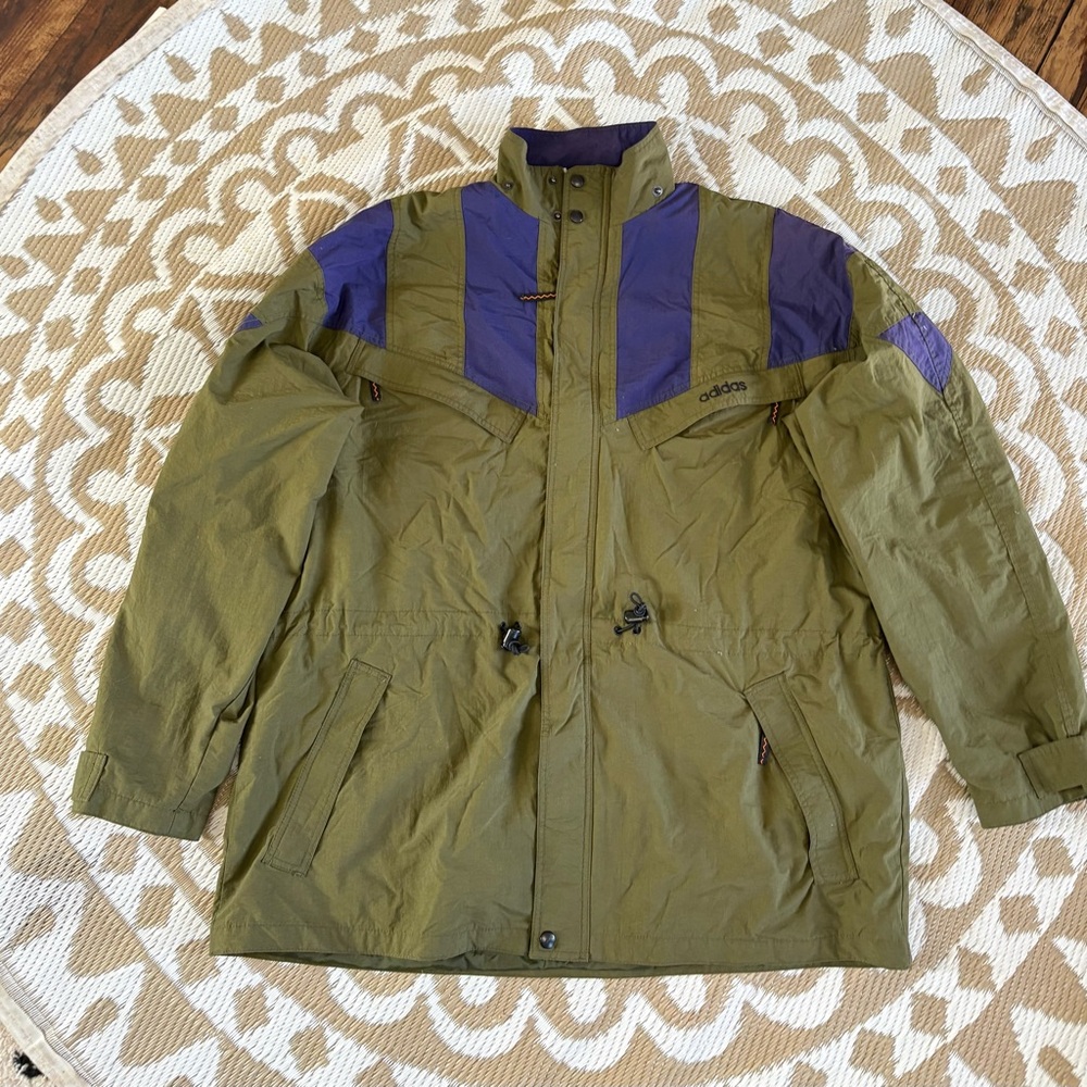 Vintage Adidas hiking windbreaker jacket with logo, green and purple, size XL